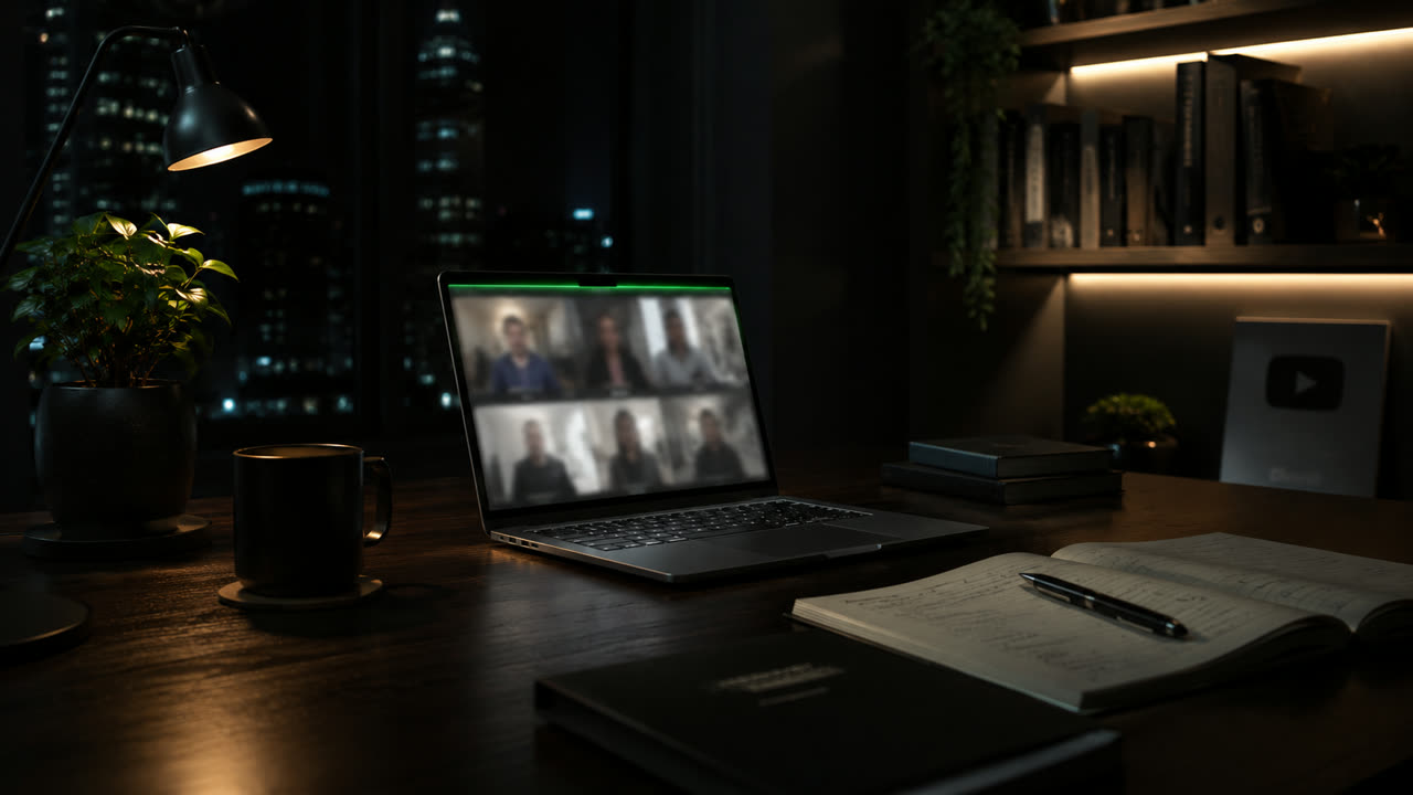 Home office à noite com uma videochamada em andamento no laptop