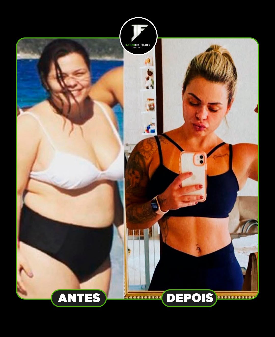Antes e depois de aluna do Júnior Fernandes: emagrecimento expressivo