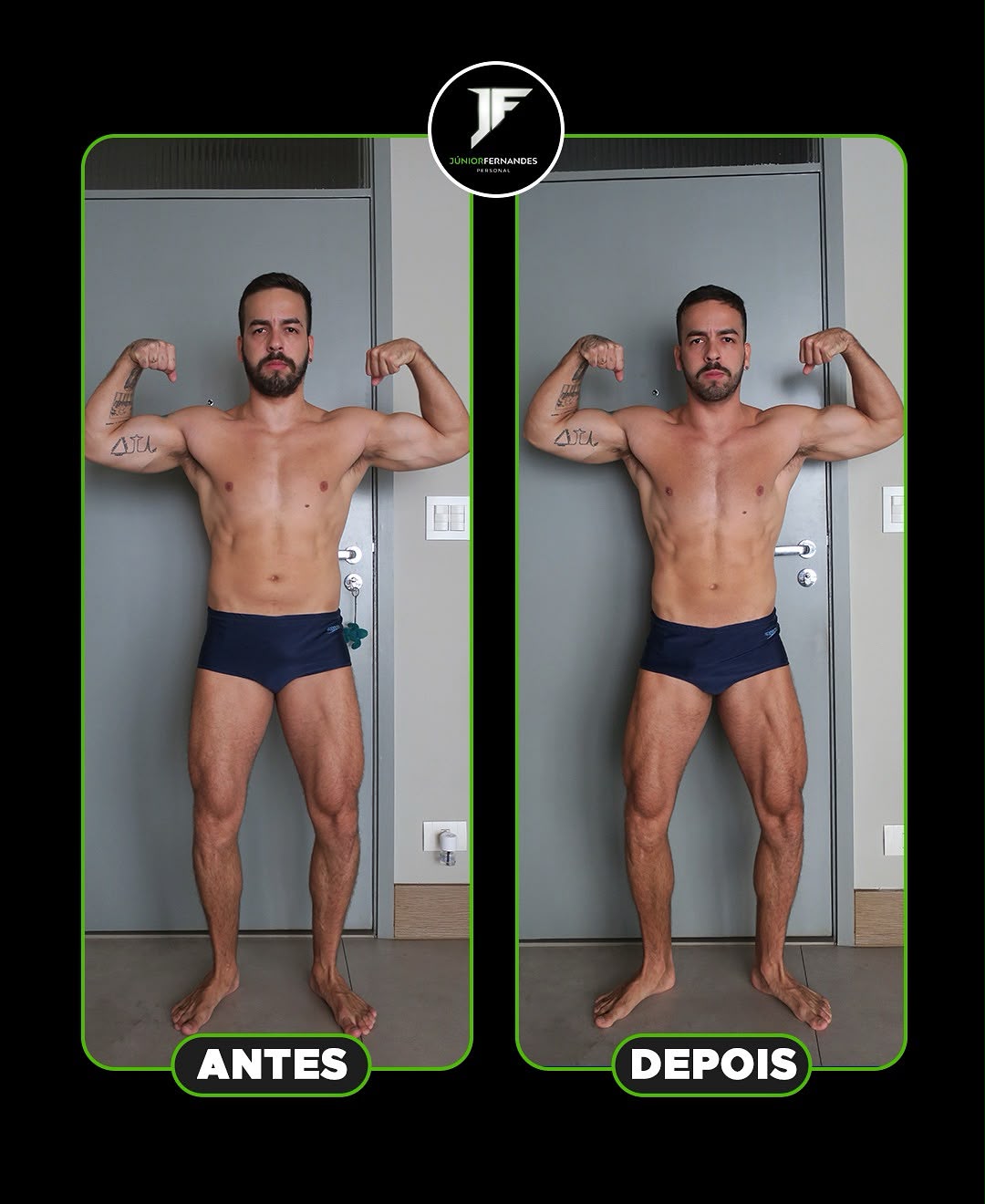 Antes e depois de aluno do Júnior Fernandes: hipertrofia de braços e ombros