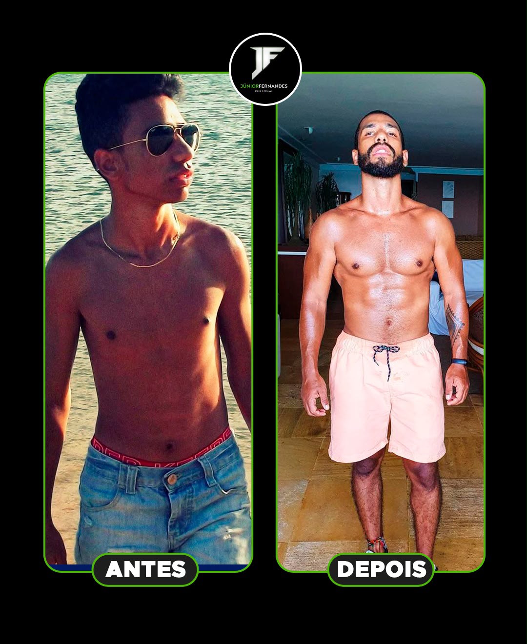 Antes e depois de aluno do Júnior Fernandes: da adolescência magra ao físico forte