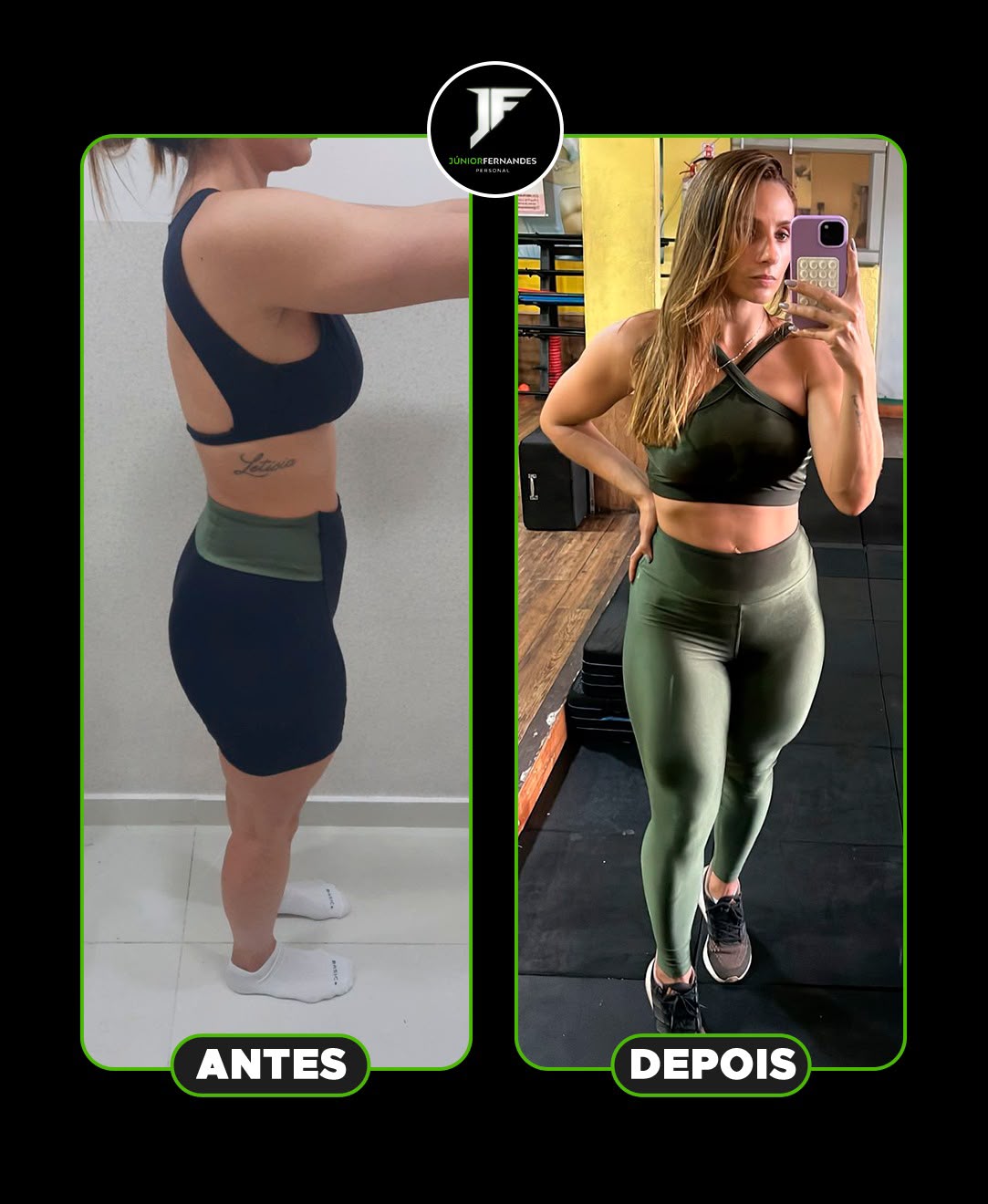 Antes e depois de aluna do Júnior Fernandes: ganho de glúteos e pernas